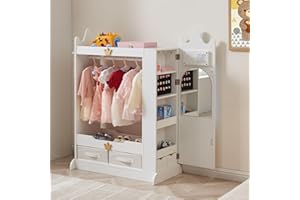 Grecodown Dress Up Storage, Kids Armoire Closet with Mirror and Shelves, Princess Dress Up Rack for Little Girls, Kids Clothing Rack Wardrobe Closet for Bedroom, Playroom, Girls (White)