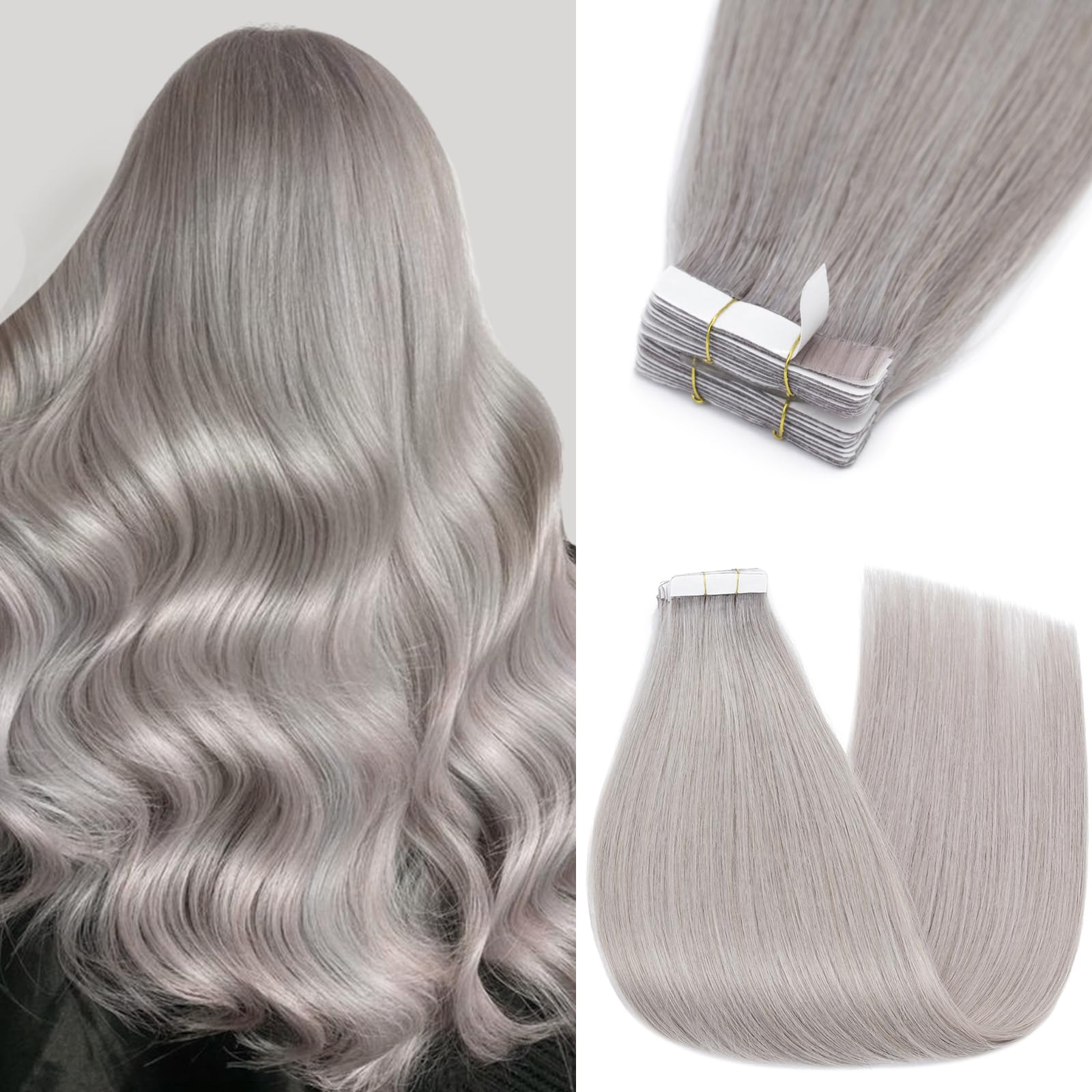 Silk-co Tape in Hair Extension Real Straight Human Hair 10pcs 100% Remy Straight Skin Weft Hair Extension (22inch 10Pcs # Grey) โ image 1