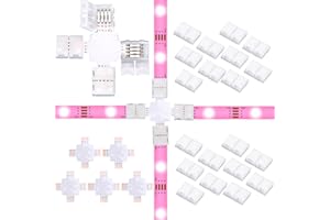 GANZQH X Shape 4 Pin LED Light Strip Connectors Set for 8 mm Width RGB LED Strip Lights, Including 5 Pcs Cross Shape Connectors and 20 Pcs Clips