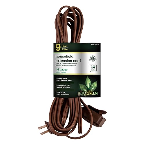 Go Green Power 9ft Household Extension Cord, Brown, Outlets