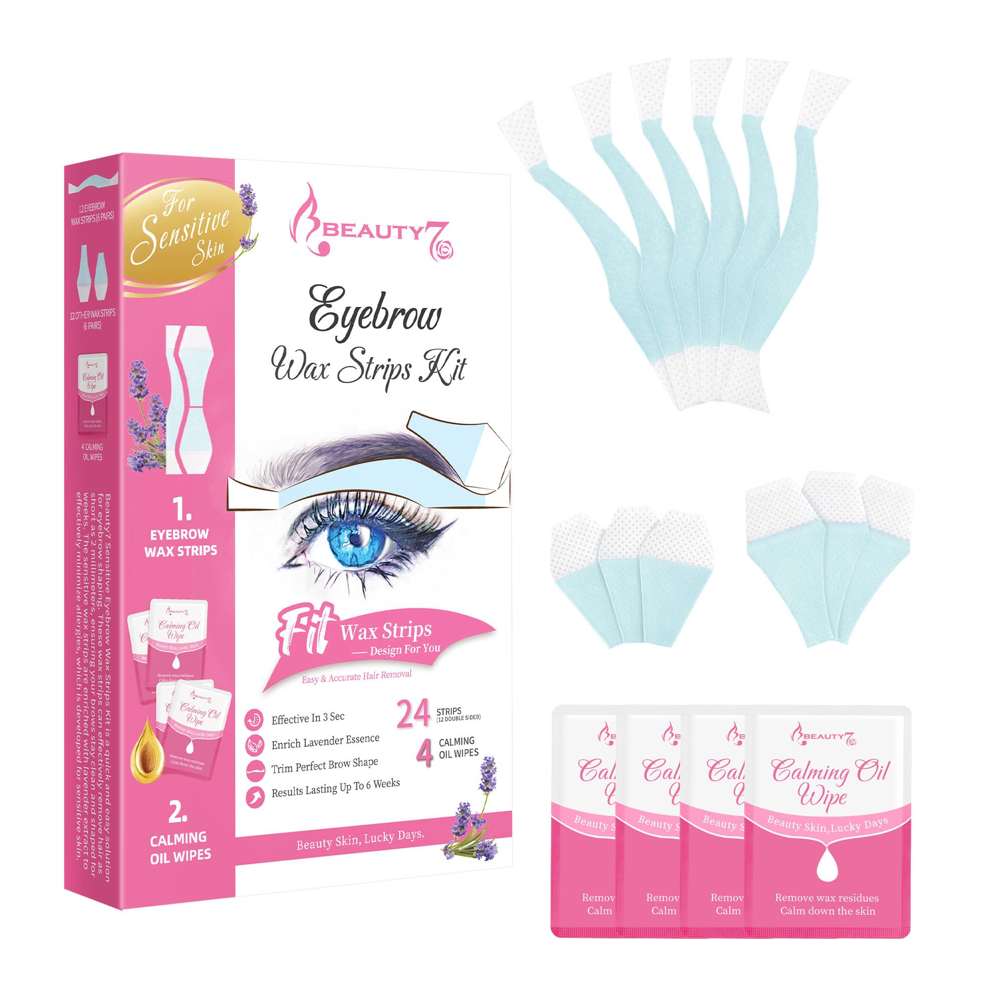 Beauty7 Eyebrow Waxing Strips - Sensitive Skin - 24pcs Cold Wax Strips & 4 Post Wax Calming Oil Wipes Facial Hair Removal