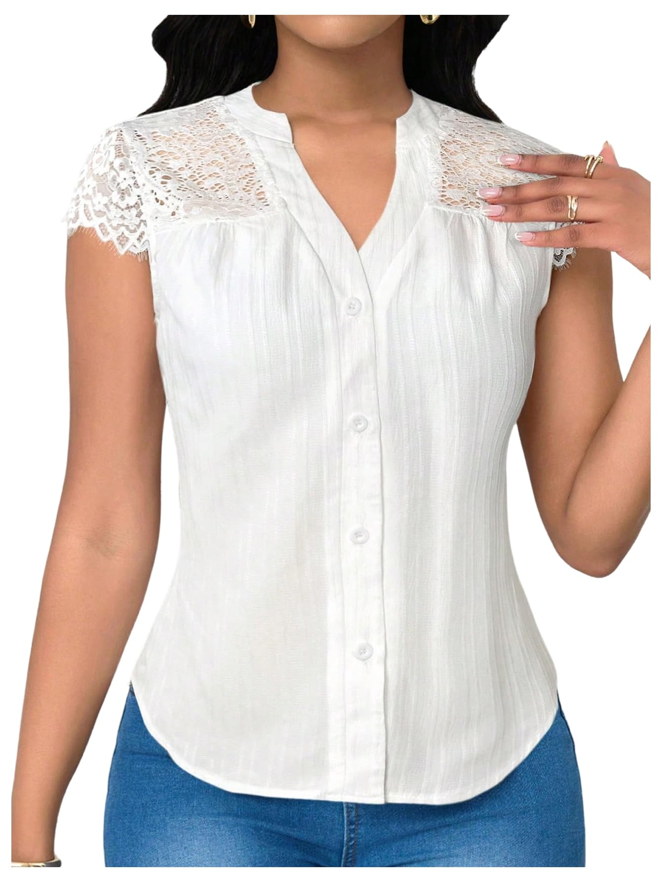 Photo 1 of SweatyRocks Women's Lace Button Down Blouses Cap Sleeve Slim Fit Summer Work Shirts White Medium
