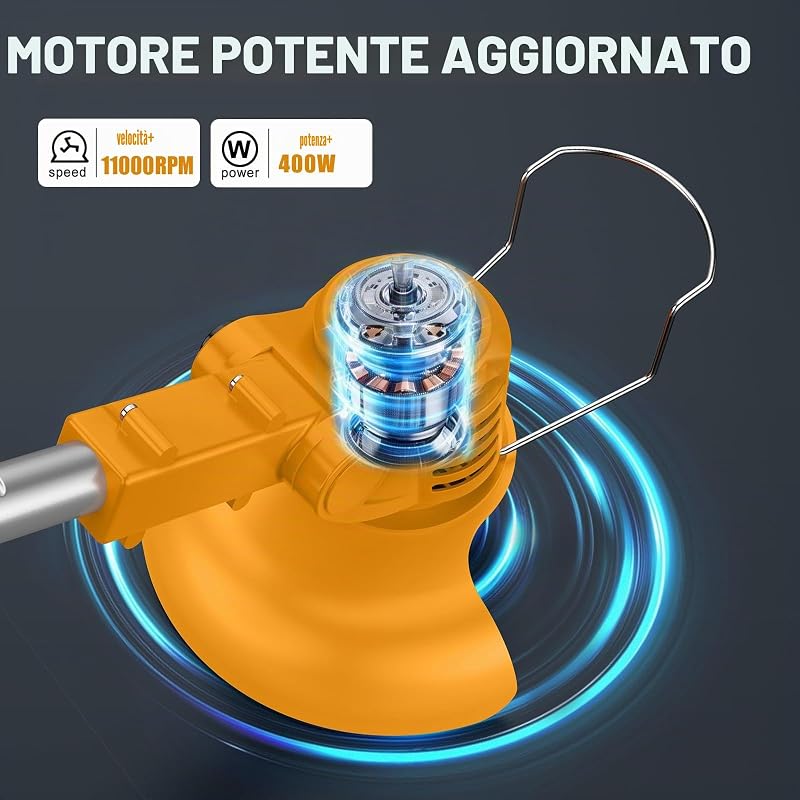Decespugliatore a Batteria, Tagliabordi a Batteria 21V con 2 Batterie 2.0Ah, Altezza e Angolazione Regolabili, Decespugliatore Per il Taglio di Giardini, Prati e Terreni