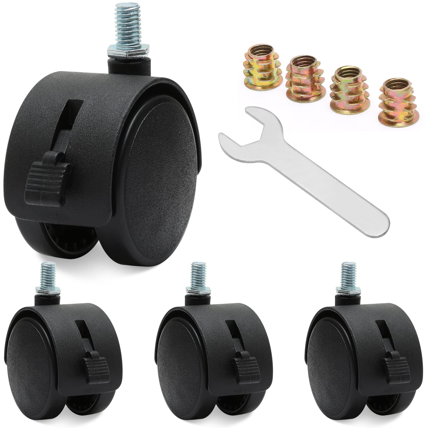 4 Pcs 2 Inch Nylon Caster Wheels with Brake, Black Swivel Castor Wheels with M7.5 Threaded Stem Nut and Spanner, Black