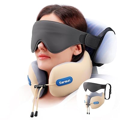 SARISUN Travel Neck Pillow,Real Neck Support Travel Pillow with Strap,Combo 3D Eye Mask for Sleep,Dual-Density Supportive Foam Neck Pillow for Airplane Flights,Car Road Trip Travel Essentials Beige