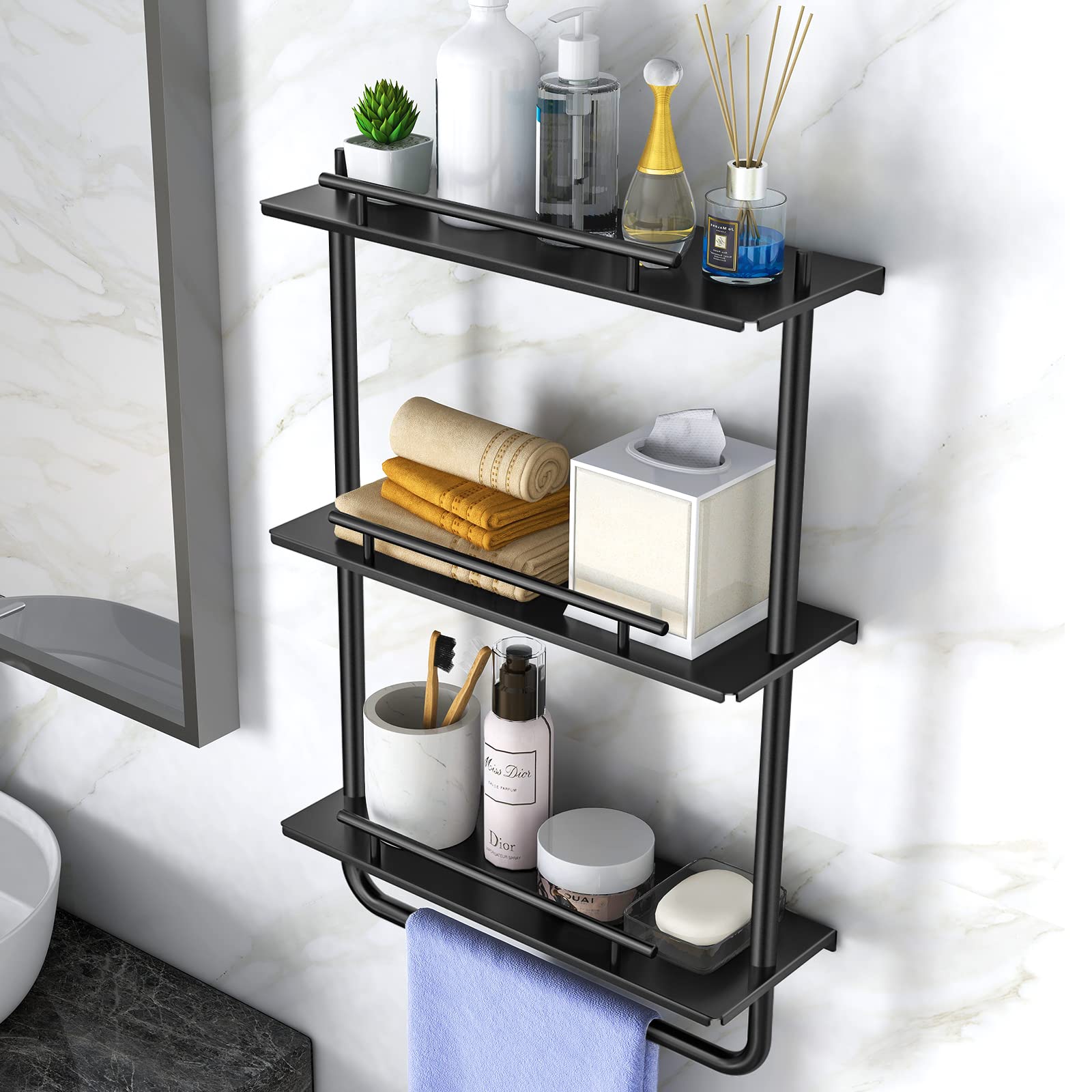 Photo 1 of FEILERN Floating Shelves, 3 Tier Wall Mounted Metal Floating Shelves Black with Frame and Towel Rack for Bathroom, Living Room, Bedroom, Kitchen