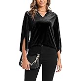 MOQIVGI Womens 3/4 Sleeve Velvet Tops Casual Trendy Dressy Elegant V Neck Blouses