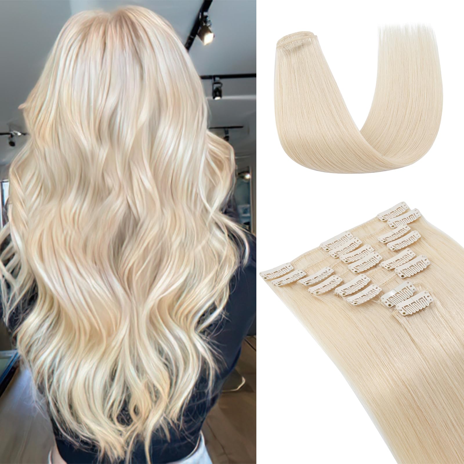 UK-Fashion-Shop Human Hair Extensions Clips in Real Hair Extension 8pcs 18 clips Long Straight Natural 20inch(70g)#70 Bleach White — image 1