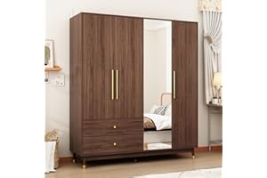 Homsee 4-Door Wardrobe Armoire with Mirror, Drawers, Shelves & Hanging Rods, 63” Wooden Closet Storage Cabinet with Metal Handles for Bedroom, Brown