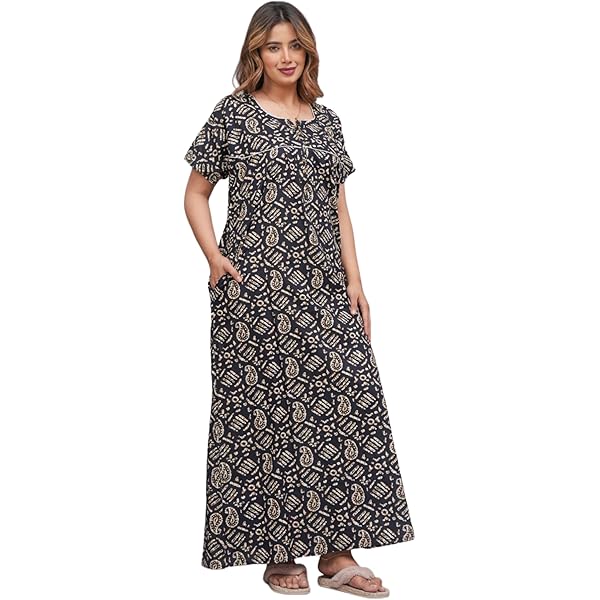 maxi dress nighty Blue Printed Caftan Maxi Dress Short Sleeve Sleepwear for Women Loos