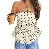 Tankaneo Womens Strapless Polka Dot Tube Tops Cute Backless Peplumn Ruffle Hem Bandeau Top Slim Fit Y2k Tank Tops