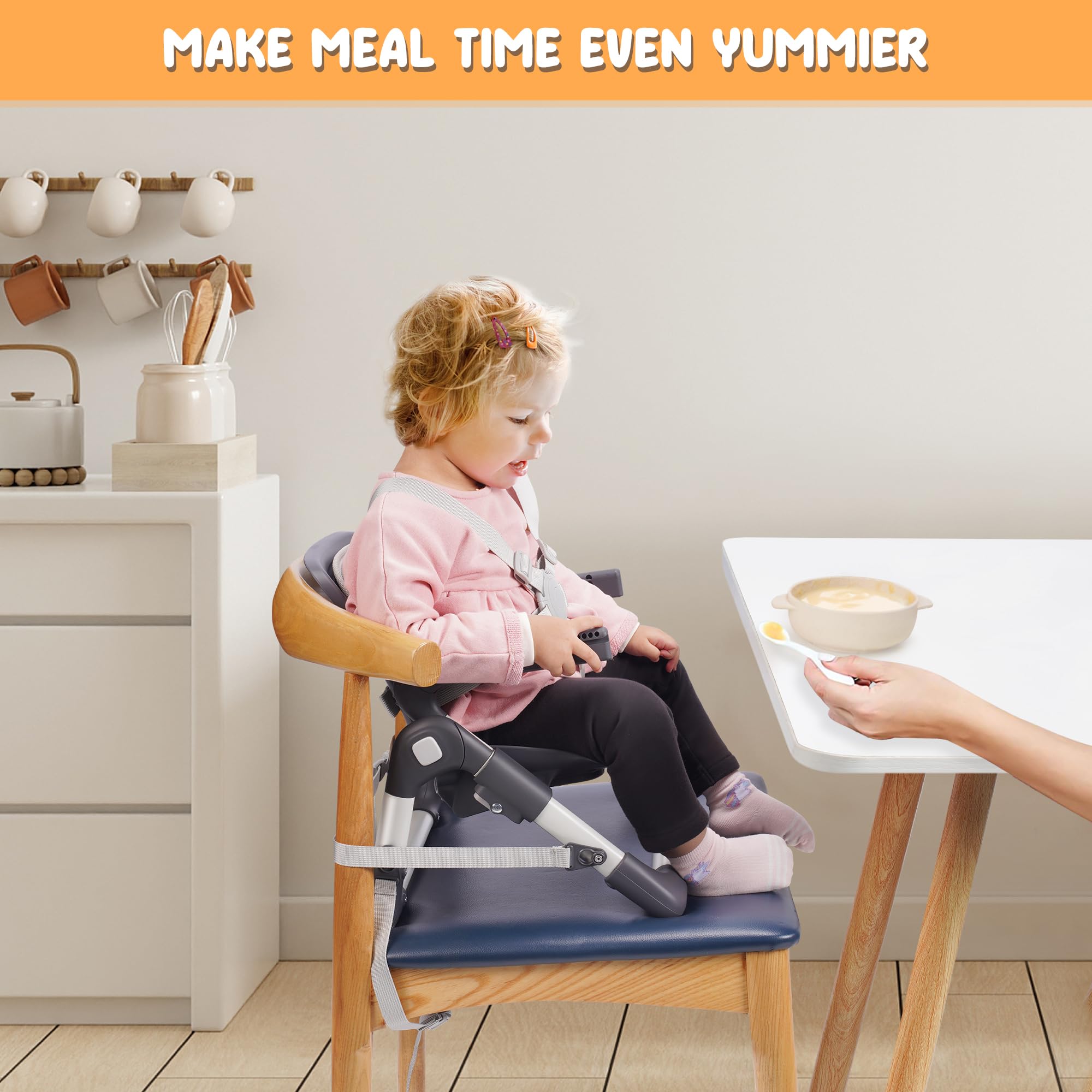 Bear Booster Seat for Kitchen Chairs, Portable High Chair for Babies 6–24 Months, Adjustable 3-Level Foldable Booster with Removable Tray, Ideal for Home, Outdoor, Camping, and Travel