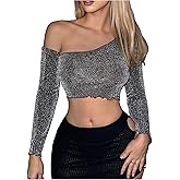 SweatyRocks Women's Sparkly Off The Shoulder Crop Tops Glitter Sheer Mesh Going Out Tops