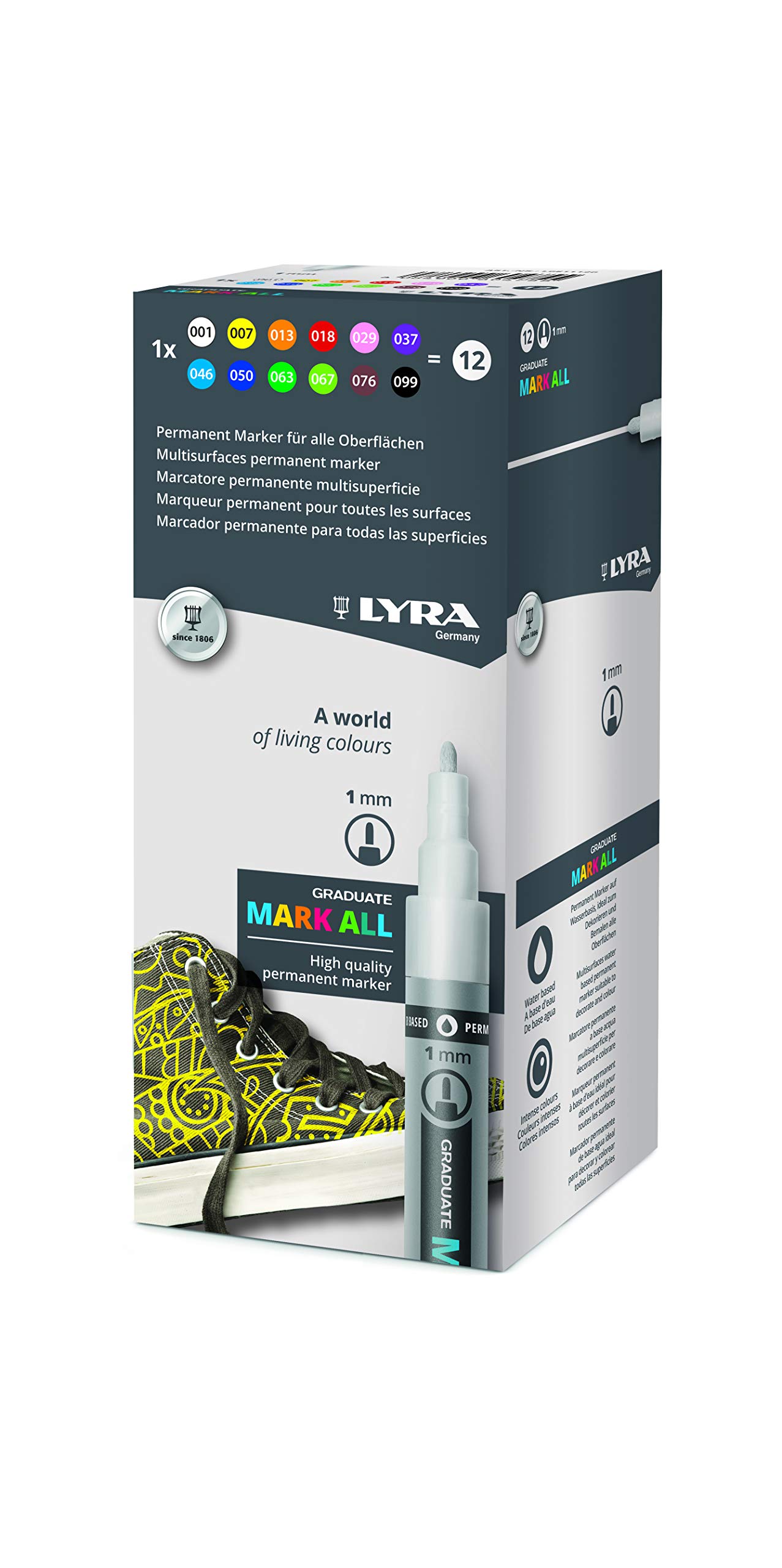 LYRA Graduate Mark All Multisurfaces Permanent Marker, 1mm Round Tip, 12 Assorted colours, For Students and Schools