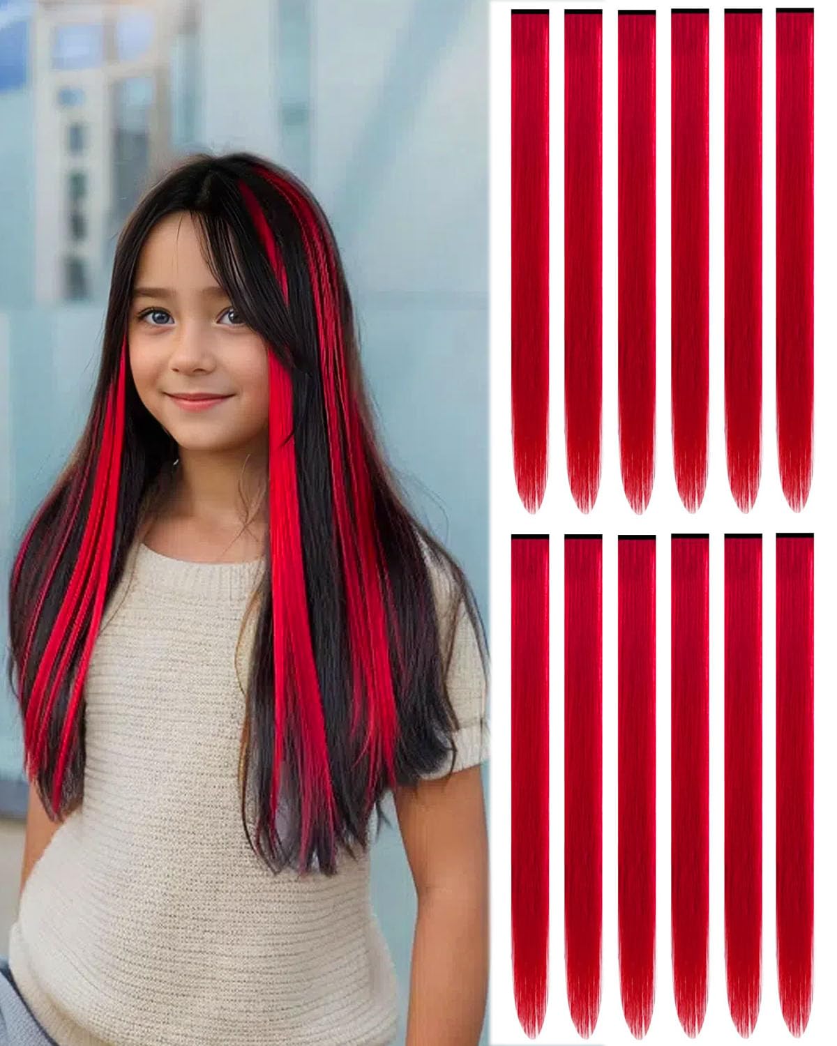 Photo 1 of 22 Inch Colored Hair extension 12 Pcs Red Clip in Hair Extension for Women Girls Kids Synthetic Highlight Hair Piece for Party Halloween