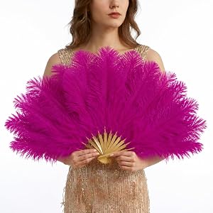 Xingamdd 17" HotPink Ostrich Feather Fan for 1920s Flapper Costume | HotPink 17" Large Ostrich Feather Folding Fan With Woode