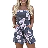 TAIUICY Women’s Off Shoulder Romper Floral Printed Strapless High-Waist Jumpsuit Tube Short Jumpsuit With Pockets