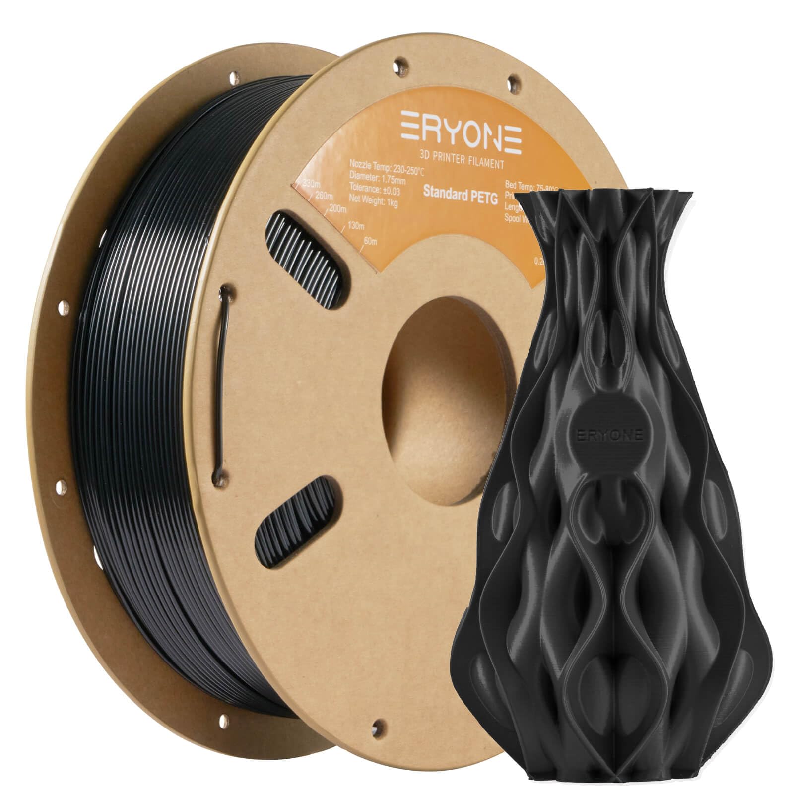 ERYONE PETG Filament 1,75 mm, 3D Printer Filament PETG, +/- 0,03 mm, 1 kg/Spool, Black