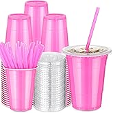 LemonRoad 50 Set 16 oz Pink Party Cups with Lids and Straws, Disposable Pink Plastic Heavy Duty Drinking Cups for Valentines Day Party Picnics Barbecues Wedding Birthday