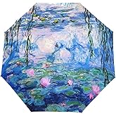 WKHOKI Folding Monet Water Lilies Painting Travel Umbrella Windproof Automatic Compact Rain Travel Umbrella,Lightweight,Auto Open/Close