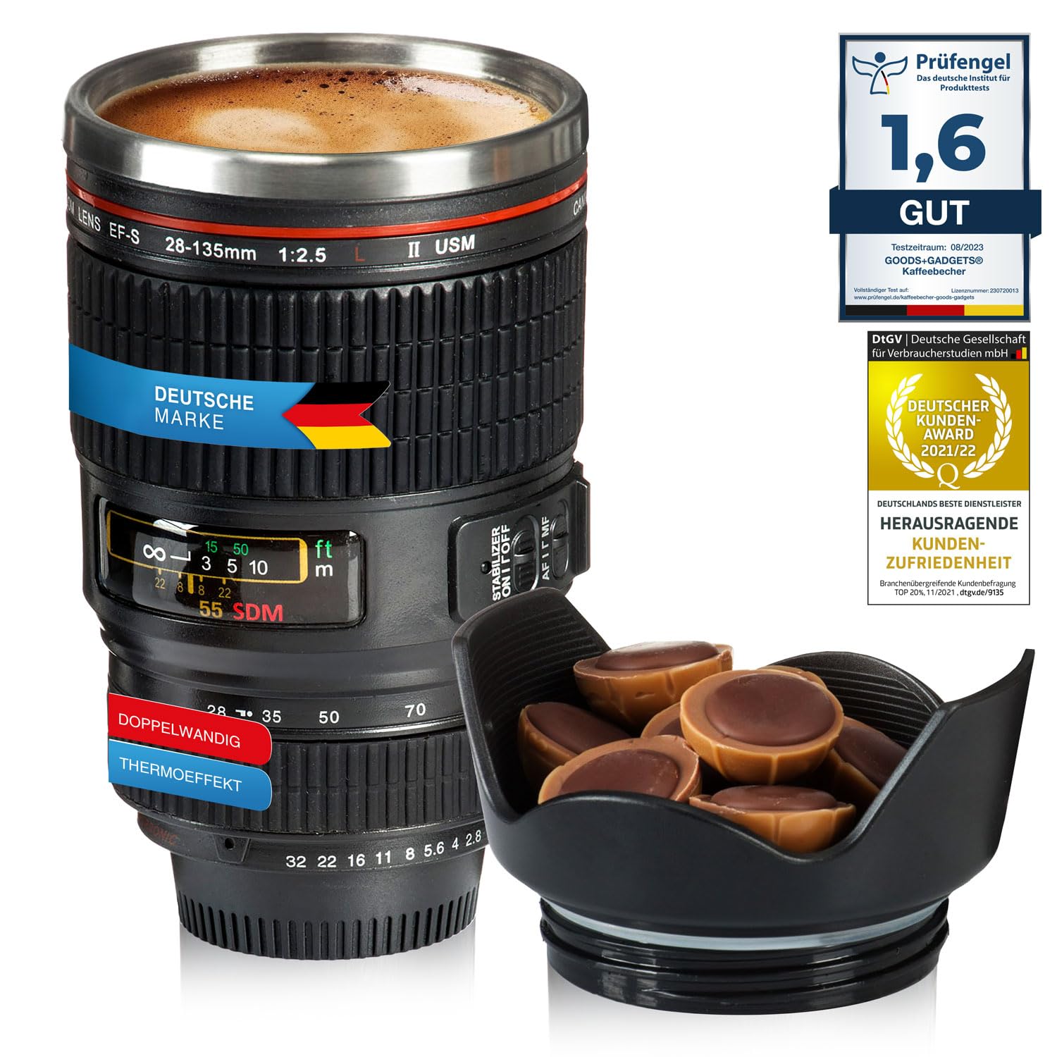Thermo Mug Camera Mug Camera Lens Coffee Mug Coffee Mug Lens Iso-Mug 300 ml Made of Double-Walled Stainless Steel with Tight lid