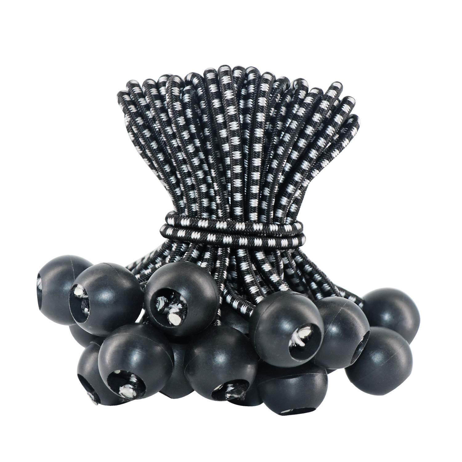 LOOGI Bungee Cord with Balls, 50Pcs 4 Inch Black Bungee Ball Cords, Heavy Duty Tarp Bungees Ties Elastic Tie Down Straps for Tarpaulin Tent Camping Pavilions Flag Marquee