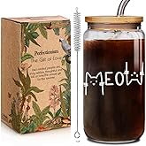 Enanaimg Cute Meow Cat 16oz Glass Cups with Lids Straws Gifts for Cat Mom, Cats Lover Gifts for Women Girls Cats Lover Bestie Friend,Iced Coffee Cup Tumbler for Bestie Birthday