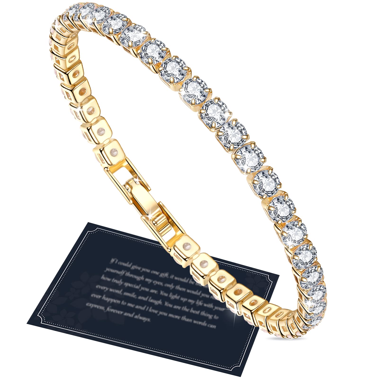 J.Fée Tennis Bracelets for Womens Gold Tennis Bracelet Gold-plated Bracelet,4MM Crystal Bracelet,5A Cubic Zircon Bracelet,Gold Bracelet for Women Sister Women Bracelet Birthday Gifts for Women,19.5cm