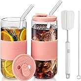 ASANMEYO 20oz Can Shaped Glass Cups with Silicone Lids and Glass Straw, 2PCS Drinking Glasses with Lids and Straws, and Silicone Sleeves, Beer Glasses, Iced Coffee Cups, Soda, Gift - Pink