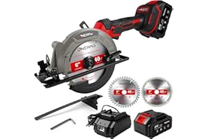 ONEAMG 6" Cordless Mini Circular Saw, 21V Compact Wireless Circular Saw, 4.0Ah Battery, 5800RPM, Max Cut 2-1/6" (90°), 1-1/4" (45°),w/40T & 60T Blades,Fast Charger (1Hr),Applicable to Wood,Aluminum & Plastic