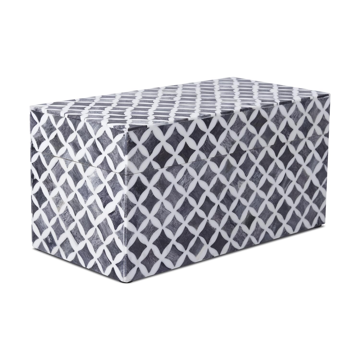 Handicrafts Home Large Decorative Storage Box with Lid, Moroccan Memory Keepsake Storage Box, Deep Jewelry Storage Organizer, Bone Inlay Resin Wooden Coffee Table Decor Box, Black & White, 10 x 5 x 5