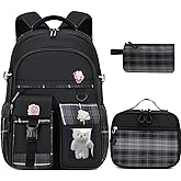 HuiLeo Girls Backpack with Lunch Box Cute School Backpack for Girls Kids Teens Kawaii Bookbag Set for Primary Elementary,Black