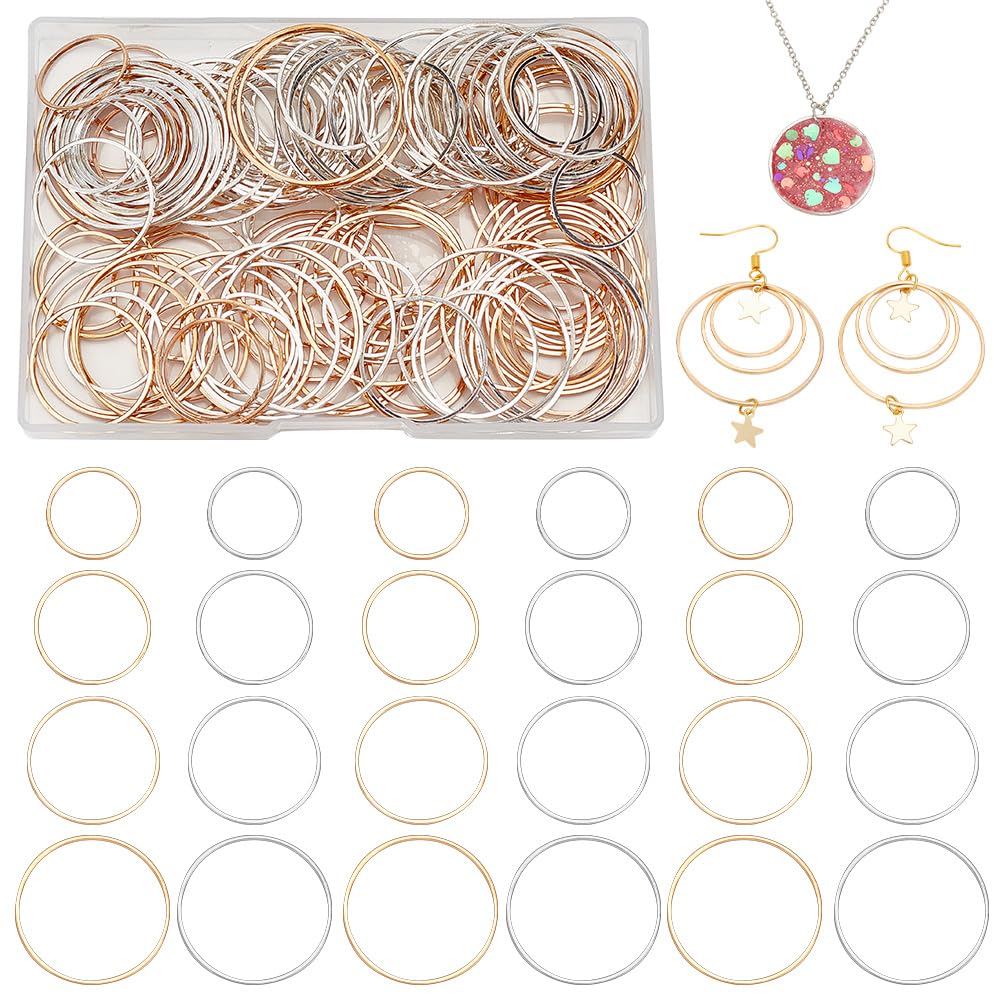 OLYCRAFT 160pcs Round Hollow Frame Pendant 4 Size Brass Open Bezel Frame Charms Circle Brass Rings for Earrings Making and UV Resin Crafts - Golden & Silver