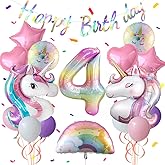 Unicorn 4th Birthday Party Decorations for Girl Purple Pink Theme Balloon Set, Large Rainbow Unicorn Helium Balloons with Heart and Star Baby Shower Kids Supplies (number 4 set)