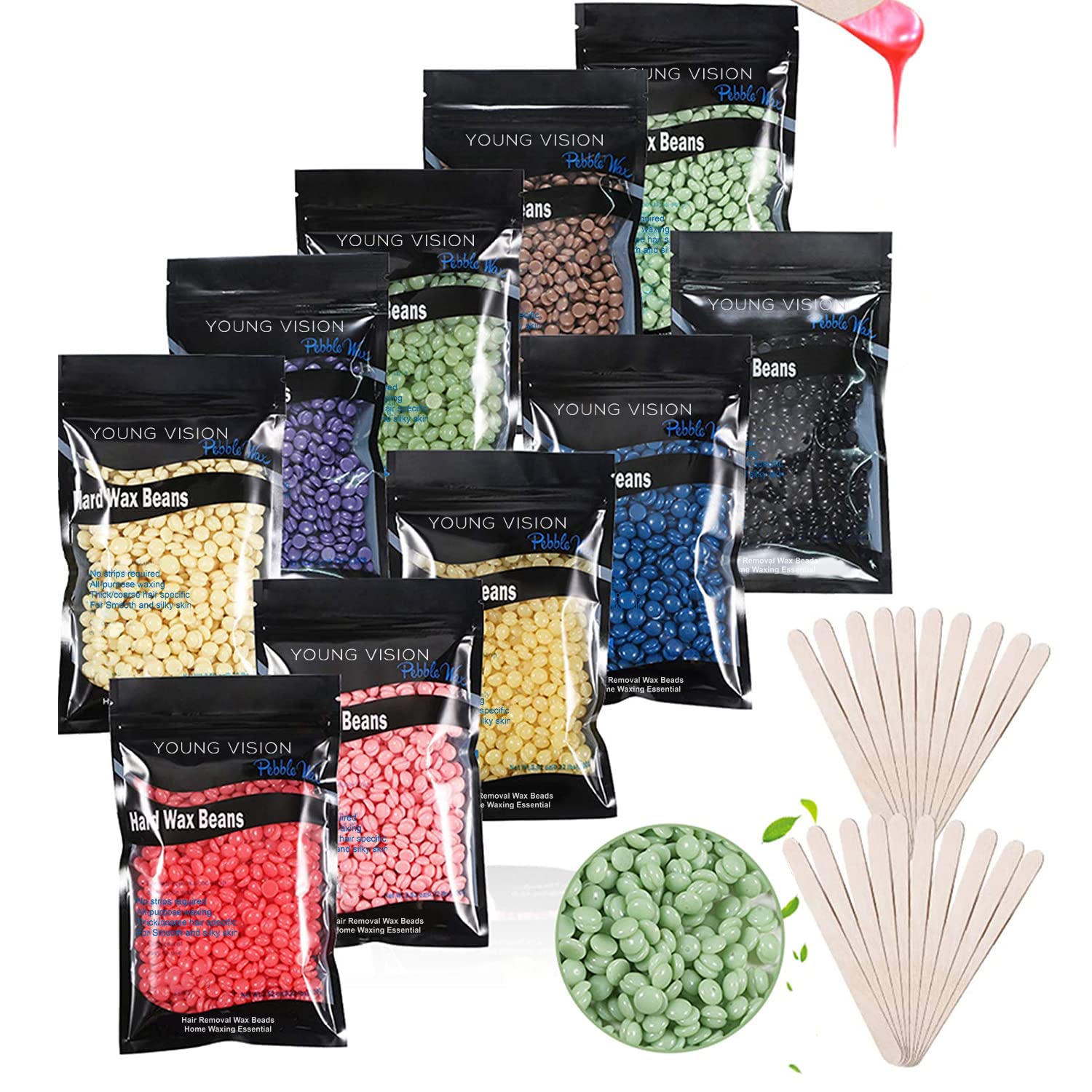 YOUNG VISION Hard Wax Beads for Hair Removal, 2.2lbs 1000g Refill Waxing Beads for Sensitive Skin Women, Face, Brazilian, Bikini, Body, Soft and Painless Waxing Beans, 10 Packs, Multi Color
