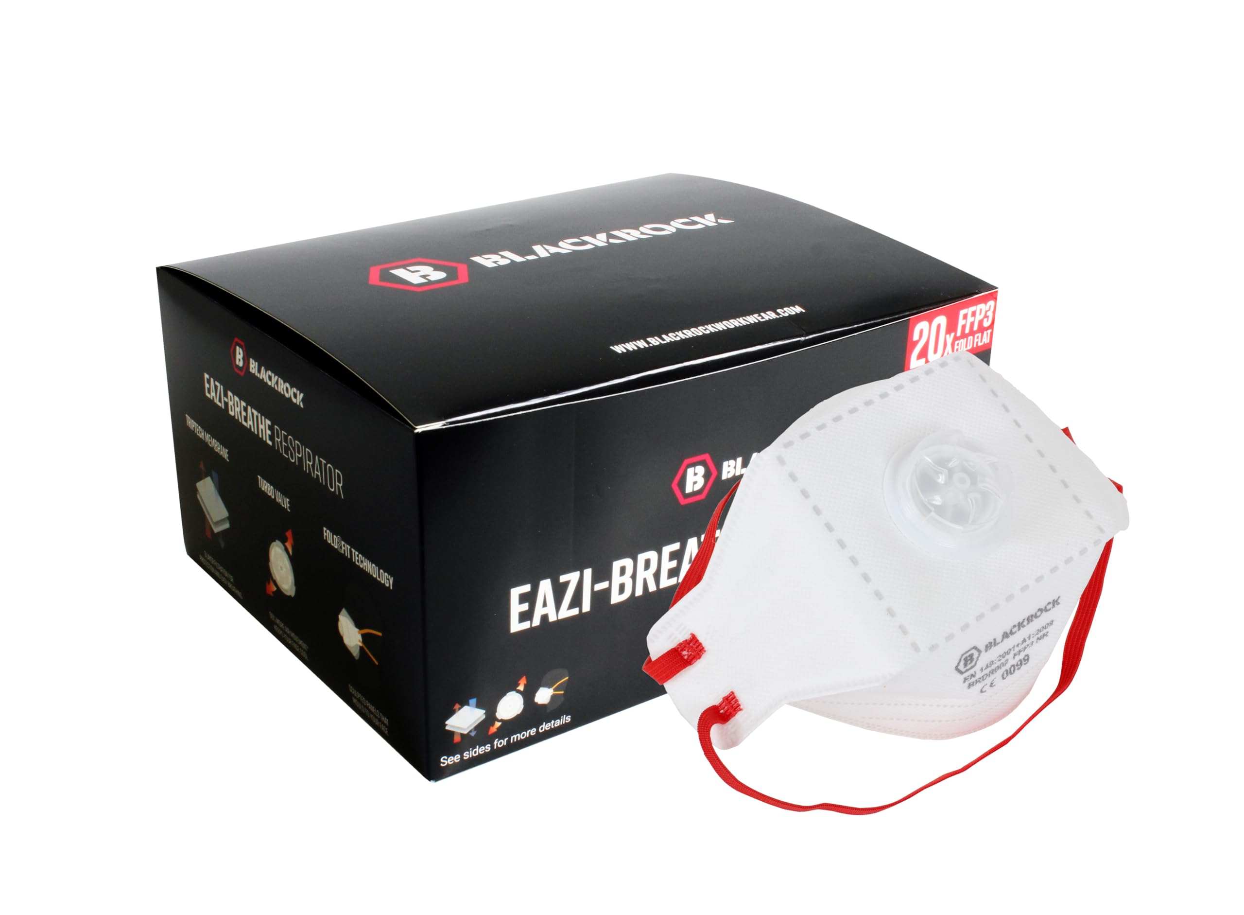 FFP3 Face Mask Pk 20 - Disposable Fold Flat Respirator EN149 CE Certified – Advanced 3 Layer Filtering of Particles, Vapours and Fumes - Exhalation Valve, Elasticated Ear Loops and Pliable Nose Bridge