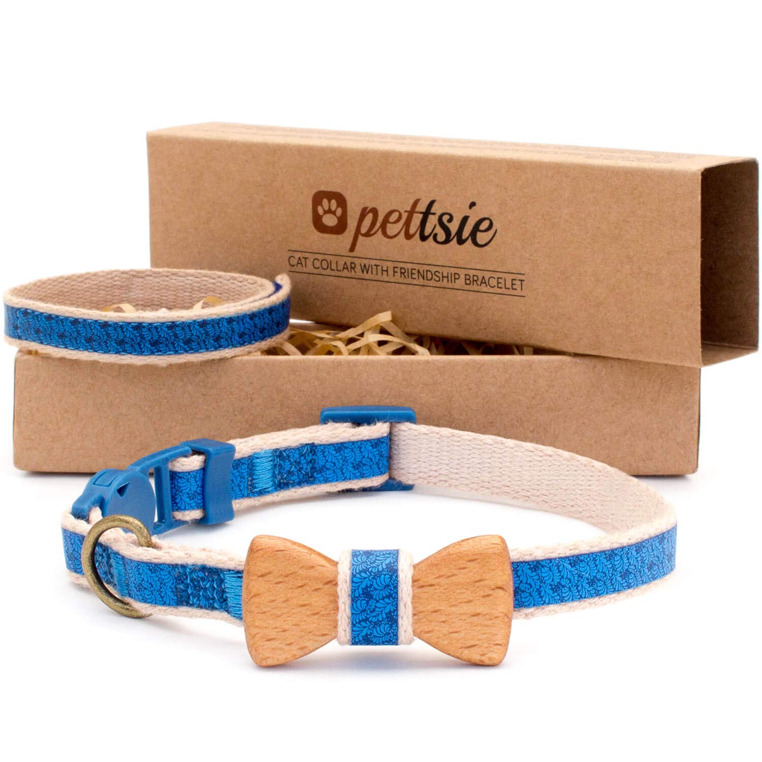 Pettsie Breakaway Cat Collar with Bow Tie and Matching Bracelet–Adjustable Cotton Kitten Collar with Safety Buckle for Cats and Small Pets–Cute Cat Gift for Cat Lovers, 20.3-28 cm, Blue