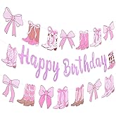 Meetory Cowgirl Birthday Party Decorations - Cowgirl Boots Bow Birth-day Banners Western Coquette Decorations Boots and Bows Banner Glitter Brown Coquette Birthday Party Supplies for Baby Shower Decor