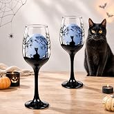 SiliFine 2 Pcs Halloween Black Cat & Moon Theme Party Stemmed Wine Glasses | Hand Painted Pumpkin Grave Stone Drinking Cup, Wine Glasses Gifts for Halloween Birthday Theme Holiday Party Supplies