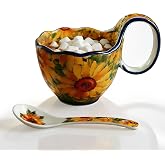 HPZIHYNAP Sunflower Pattern Ceramic Soup Bowls with Handles - Decorative Soup Bowl Set for Breakfast Cereal/Yogurt (Including Spoon)
