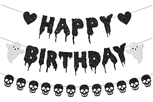 FHGG Black Glitter Halloween Birthday Banner Black Heart Skull Garland Happy Birthday Decorations for Halloween Party Decorations Theme Baby Shower Supplies