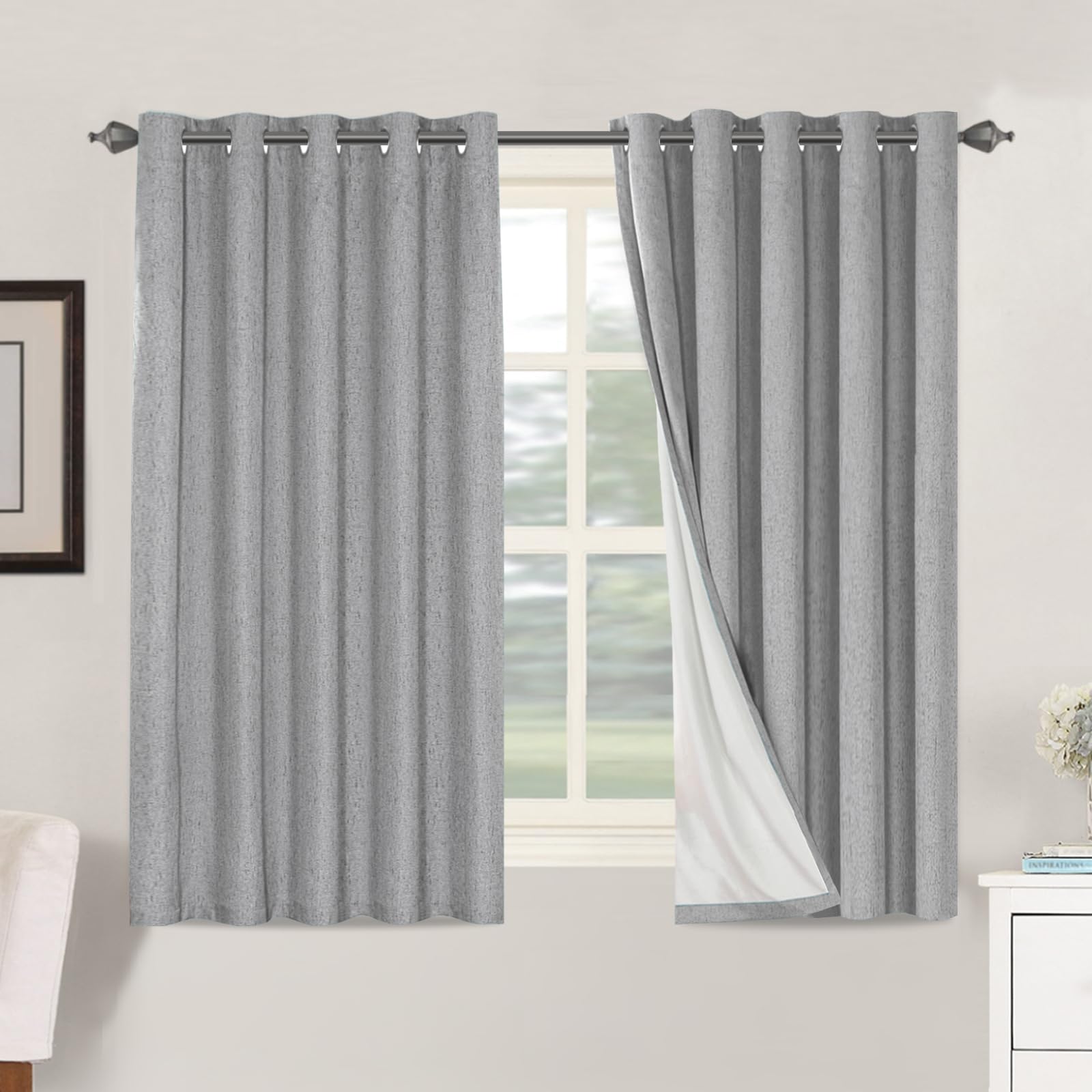 BellaHills 100% Blackout Curtains for Bedroom Eyelet Linen Curtains for Living Room with White Coating Back Grommet Thermal Insulated Curtain 2 Panels, 66 x 54 Inch, Dove Grey