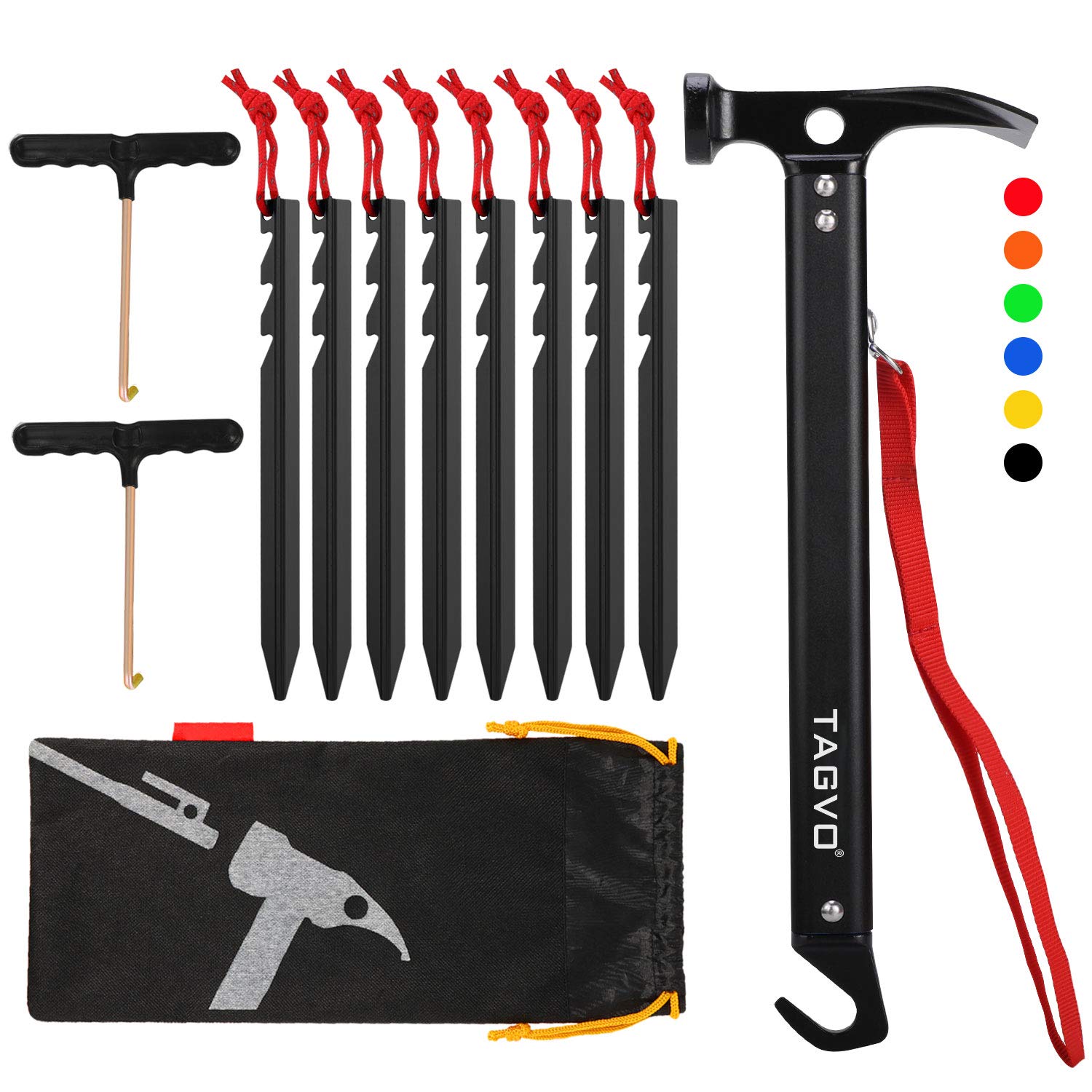 TAGVO Camping Hammer with 8 PCS Aluminum Alloy Tent Pegs and 2 PCS Multifuctional Tent Stakes Puller Set with Storage Bag, Multifunction Aluminum Tent hammer Camping Mallet Portable for Camping