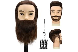 TWOWIN Mannequin Head Male,100% Human Hair Barber Mannequin Head with 12" Real Hair 8" Beard, Barber Mannequin Head Male Barber Practice Doll for Hair Styling, Practicing Cut Styling