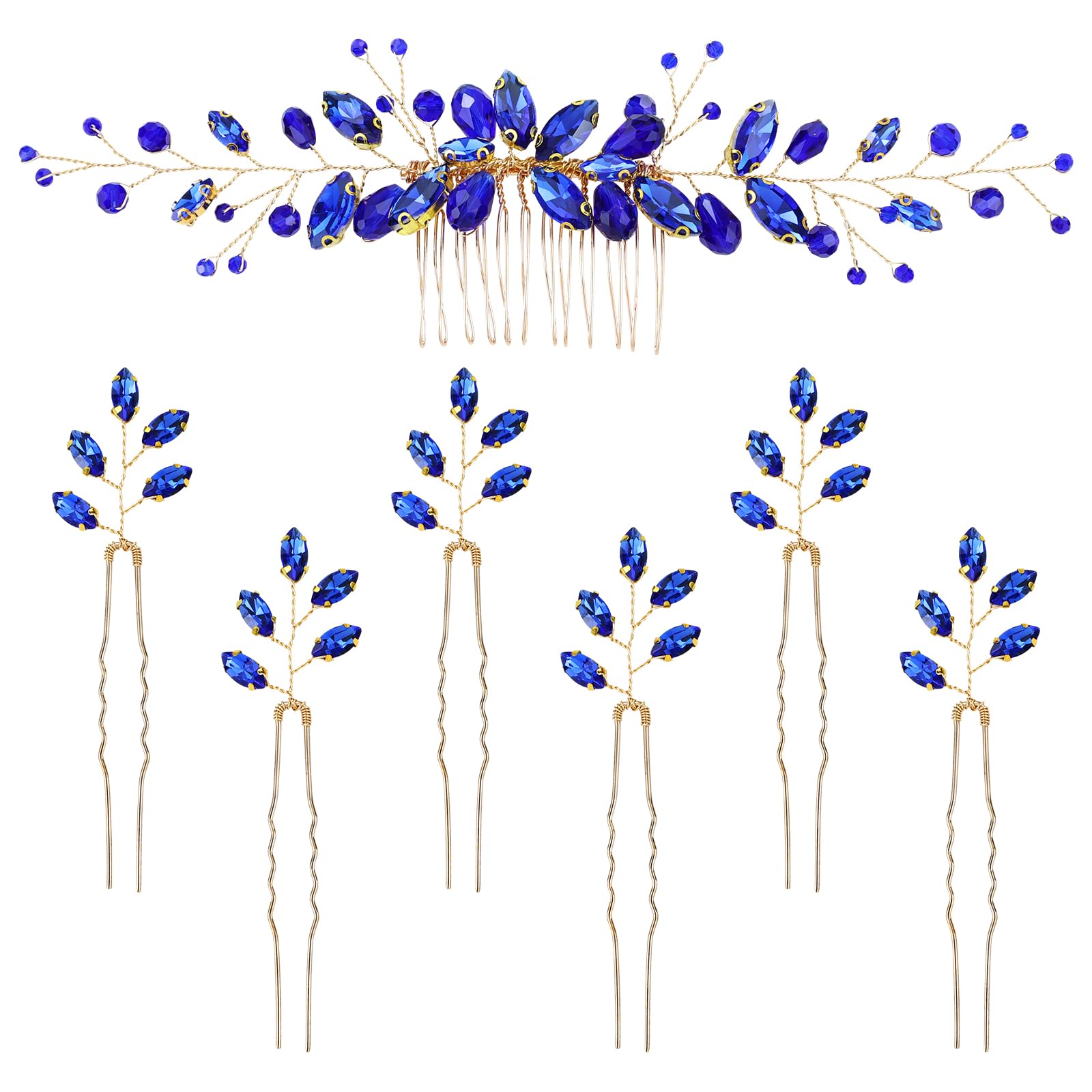 Dizila 7 Pieces Royal Blue Party Prom Wedding Bridal Crystal Rhinestone Vine Leaf Hair Side Combs + Rhinestone U-shaped Hair Pins Headpieces for Brides Bridesmaids Women Girls โ image 1
