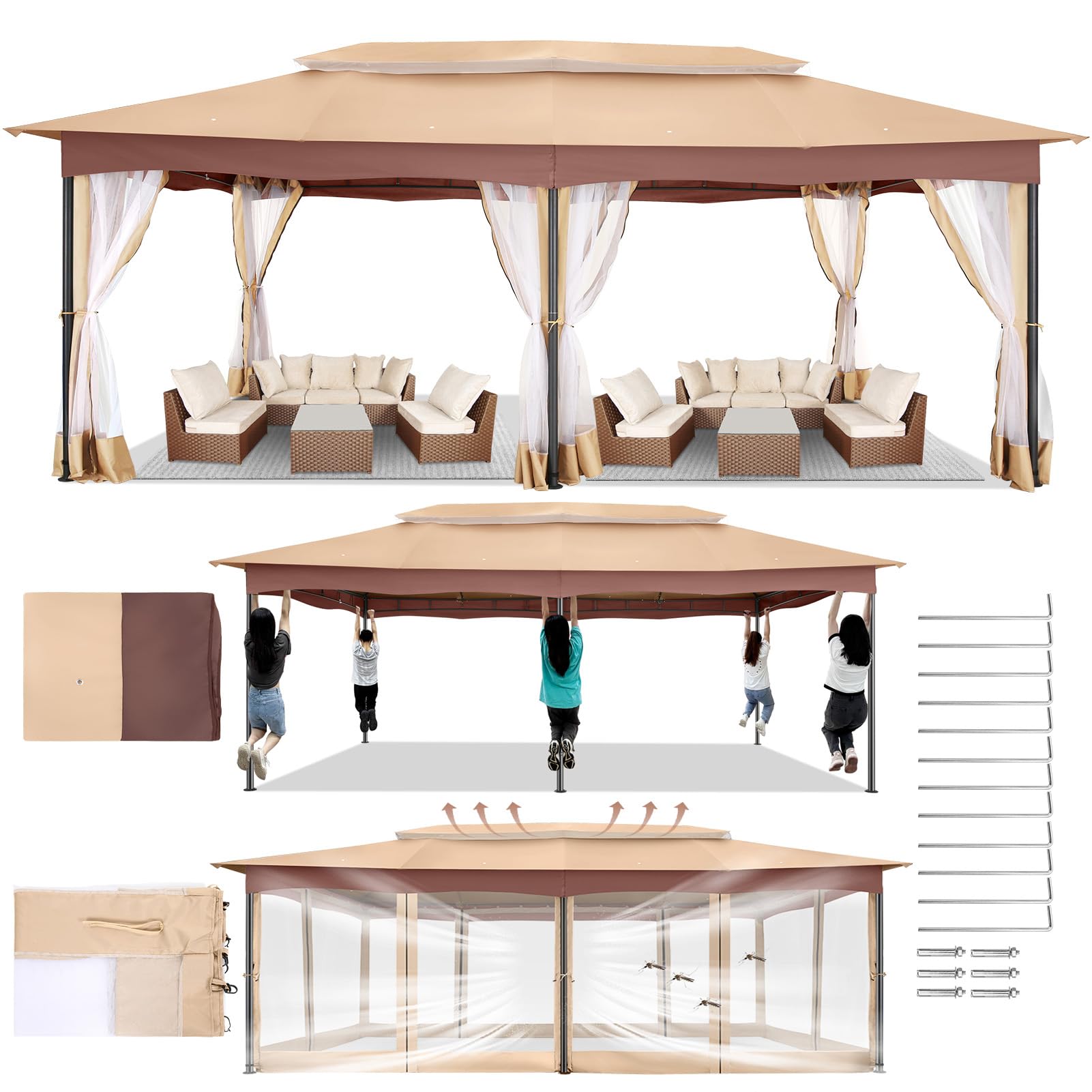 Photo 1 of COBIZI Gazebo 12x20 Heavy Duty Gazebos with Improved Nettings Outdoor Gazebo Canopy Double Roof Patio Gazebos with Metal Steel Frame for Patio, Deck, Backyard (Khaki)