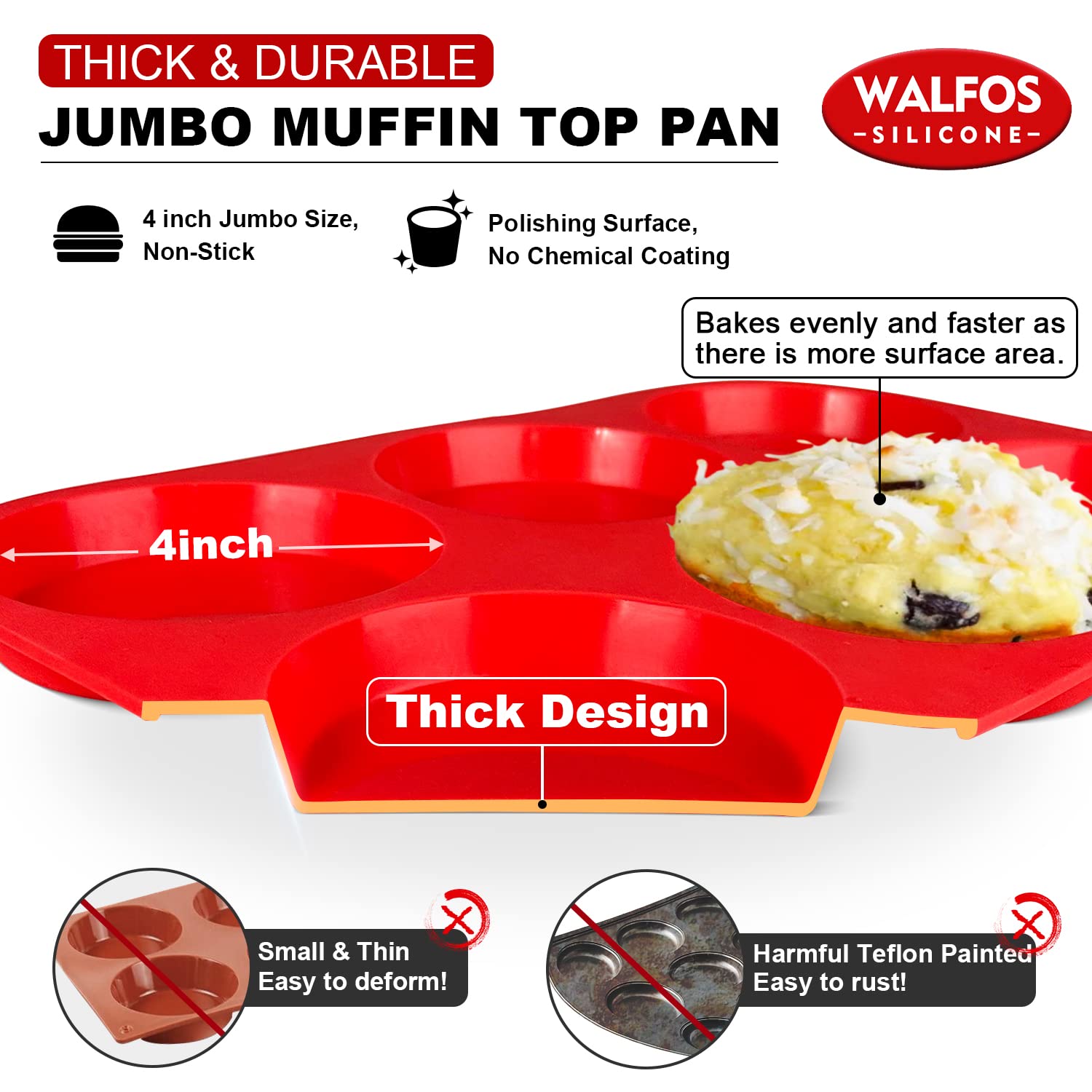 Walfos Silicone Muffin Top Pans for Baking 4inch Jumbo Size, Perfect Results Premium Non-Stick Bakeware Egg Baking Pan, Great for Eggs, Hamburger Bun, Muffin Top and More, Food Grade & BPA Free, 2pcs