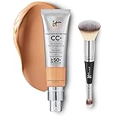 IT Cosmetics CC+ Cream with SPF 50+ Natural Finish Full Coverage Foundation (Neutral Tan - 1.08 fl oz) & 2-in-1 Concealer and Foundation Brush #7 for Buffing and Blending Face Makeup