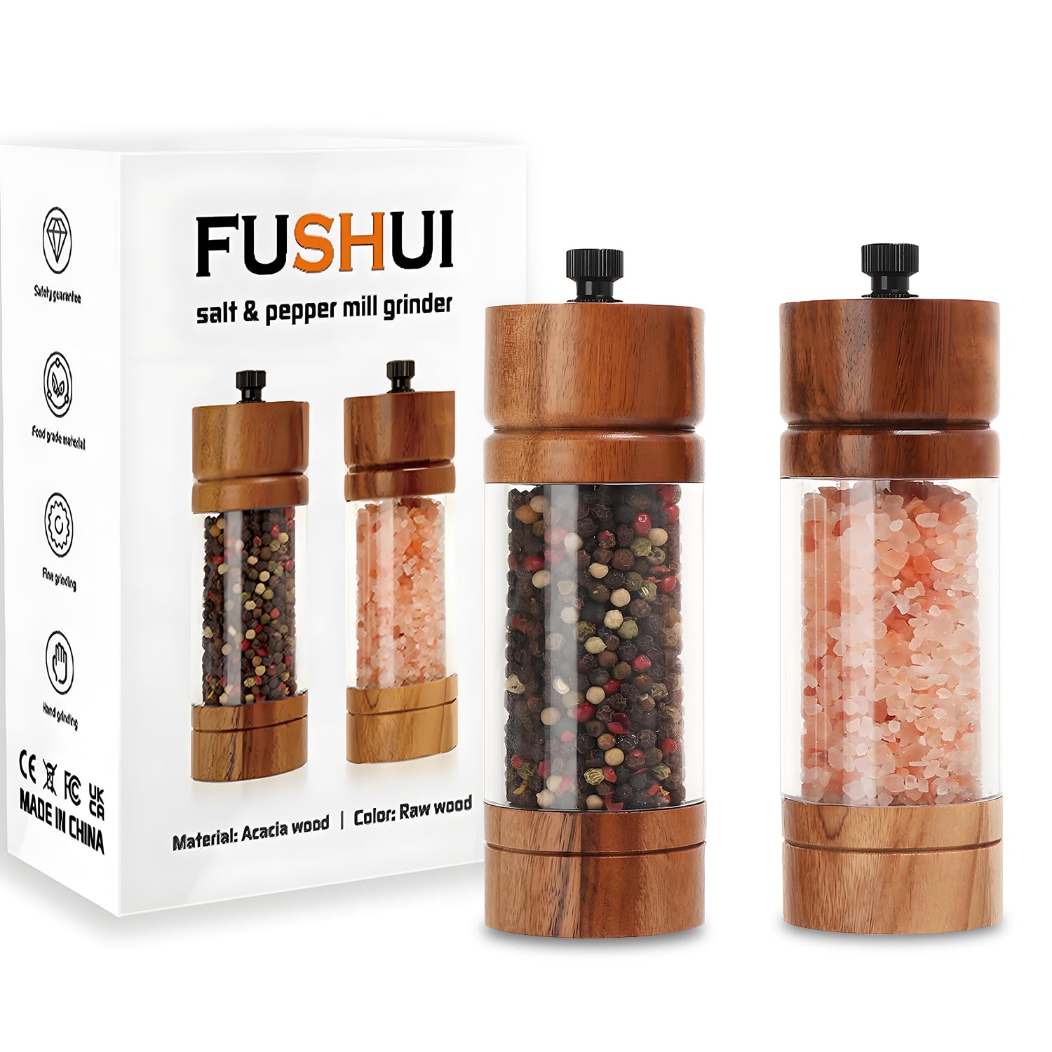 FUSHUI 2 Pack Wood Salt and Pepper Grinder Set, Premium Acrylic Salt and Pepper Grinder Set with a Adjustable Ceramic Rotor - Made of High-Grade Acacia Wood Material, Comfortable to The Touch