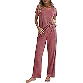 Ekouaer Womens Ribbed Knit Lounge Set Short Sleeve Top and Long Pants Pajamas V Neck 2 Piece Sleepwear